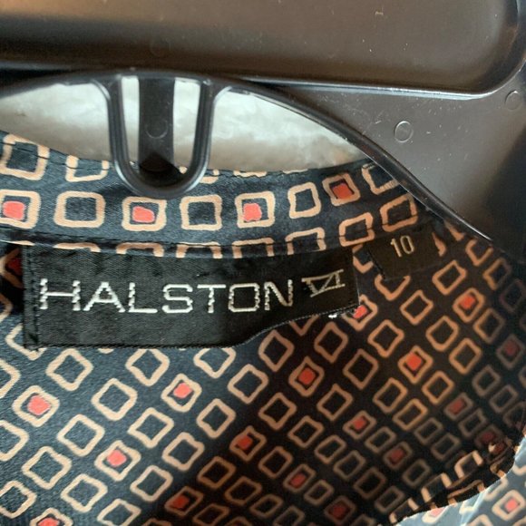 Halston‎ VI Women's Long Sleeve Tie Neck Brown Diamond Print Blouse Size 10 8479 - Picture 2 of 8